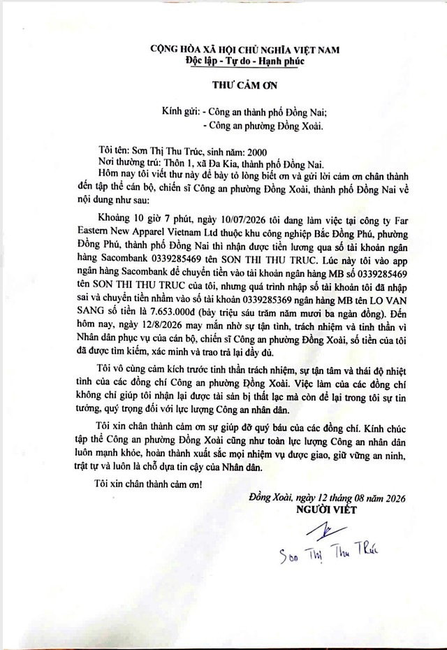 Công an xác minh giao dịch chuyển khoản 7.653.000 đồng vào lúc 10 giờ 7 phút - Ảnh 1.