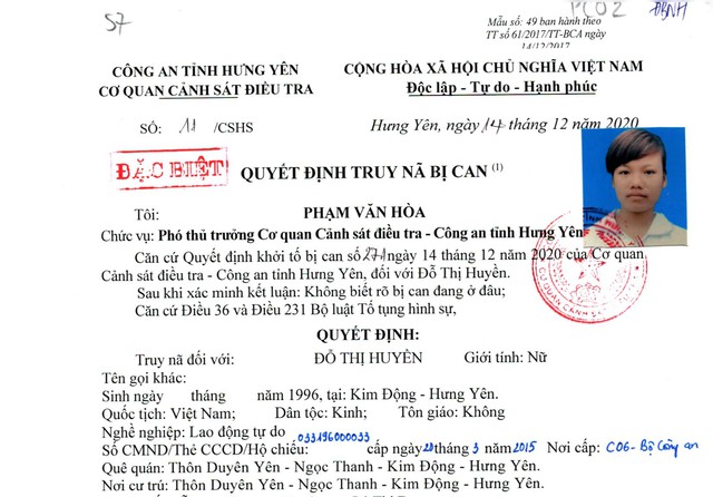 Quyết định truy nã Đỗ Thị Huyền SN 1996 - Ảnh 1.
