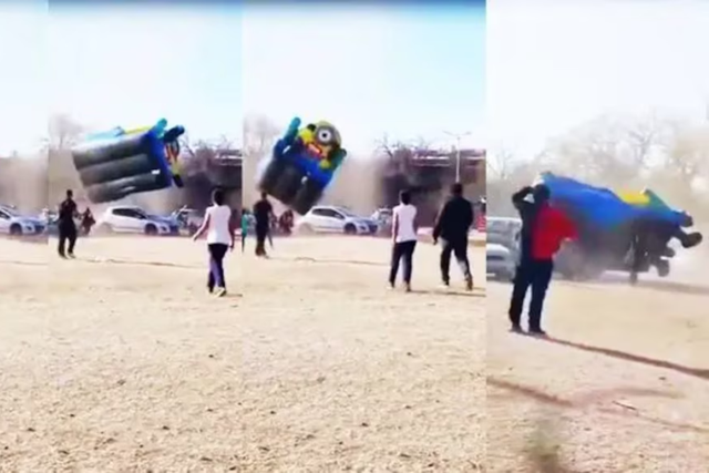 Nhà phao cao 3m bất ngờ bị gió mạnh cuốn tung, nhiều trẻ hất văng giữa không trung: Hiện trường hỗn loạn - Ảnh 4.