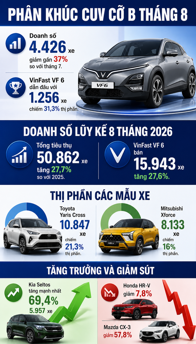 VinFast VF 6 giữ vị trí dẫn đầu khi doanh số CUV cỡ B tháng 8 sụt giảm - Ảnh 1.