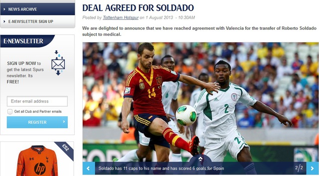 
	Trang chủ của Tottenham xác nhận chính thức hợp đồng của Soldado