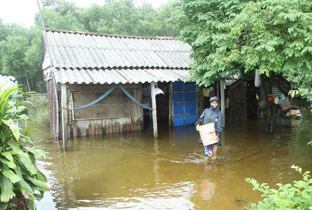 Một người dân lội trong nước lũ do ảnh hưởng của cơn bão số 8 tại huyện Triệu Phong, tỉnh Quảng Trị.