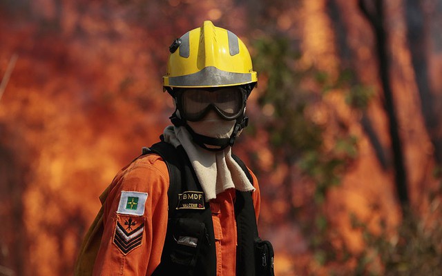 Lính cứu hỏa đang cố gắng dập tắt một đám cháy rừng trong khu bảo tồn thiên nhiên ở Brasilia, Brazil.