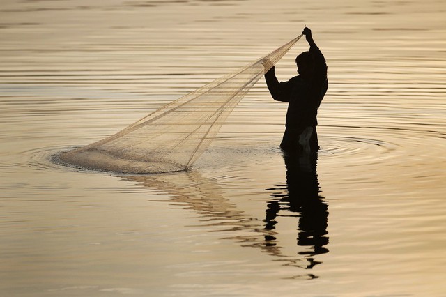 Một ngư dân đánh cá trên hồ nước nắng chiều ở Trincomalee, Sri Lanka.