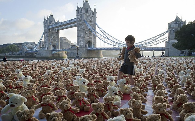 Một em bé đi giữa 3.400 gấu bông được đặt trên quảng trường Potters Field ở London, Anh để hưởng ứng chiến dịch Protecting Our Tomorrows, tuyên truyền sự ảnh hưởng của bệnh viêm màng não trên toàn cầu.