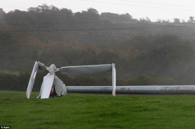Phá hủy: Một tua-bin gió khổng lồ rớt xuống trong gió cao trong một lĩnh vực gần Teignmouth, Devon