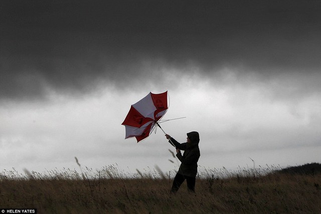 Cuộc đấu tranh: Một người phụ nữ chiến đấu với một chiếc ô trên Butser Hill, Hampshire, Anh như niềng răng tự của nó cho các cơn bão tồi tệ nhất kể từ năm 1987