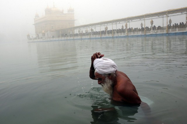 Một tín đồ đạo Sikh tắm dưới hồ gần ngôi đền Vàng ở Amritsar, Ấn Độ.