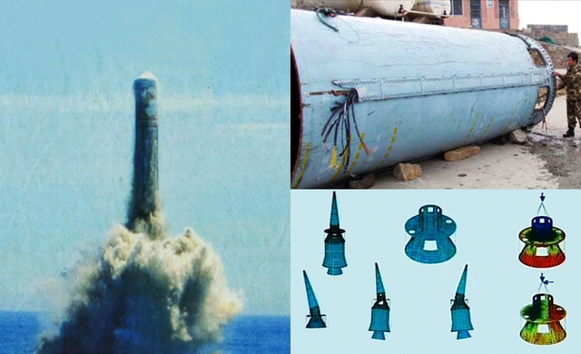 Tên lửa JL-2 Trung Quốc trong một cuộc thử nghiệm (bên trái) và cấu tạo đầu đạn hạt nhân của Trung Quốc (bên phải)