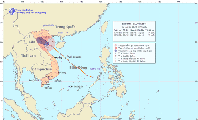 	Đường đi và vị trí của cơn bão số 6 (Nguồn: KTTV)