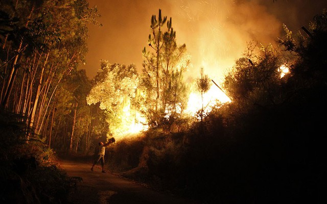 Một người dân dùng sô nước để chiến đấu với cháy rừng ở Santiago de Besteiros, Bồ Đào Nha.