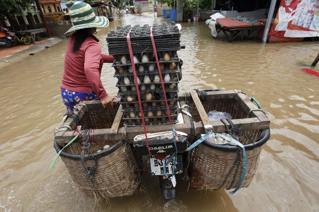 Một phụ nữ dắt xe máy chở trứng trên đường ngập lụt tại một ngôi làng dọc sông Mekong ở tỉnh Kandal, Campuchia.