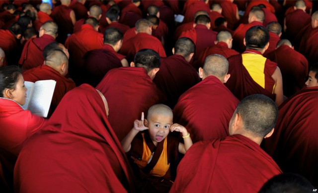 Một chú tiểu quay mặt về phía máy ảnh trong khi các nhà sư đang tham gia một buổi học kinh Phật tại tu viện Sera ở Bylakuppe, Ấn Độ.
