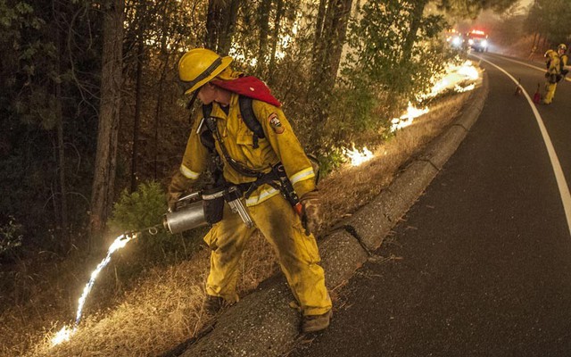 Lính cứu hỏa đốt lửa để ngăn cháy rừng lan ra khỏi khu vực Tuolumne River Canyon, gần vườn quốc gia Yosemite, Mỹ.