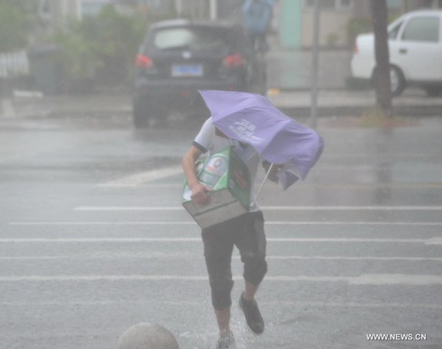 Một người vất vả đi dưới mưa lớn trên đường phố ở Sanya.