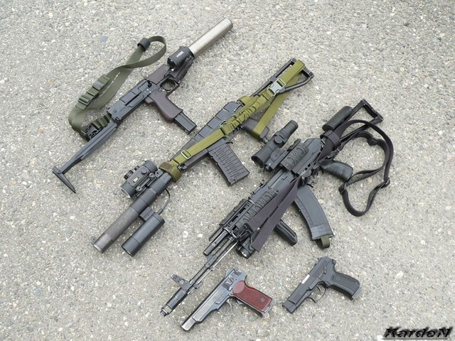 Một số loại vũ khí được đội Beta sử dụng (từ trên xuống): tiểu liên SR-2, súng trường AS VAL, súng trường AK74M, súng ngắn Stechkin và 443 Grach