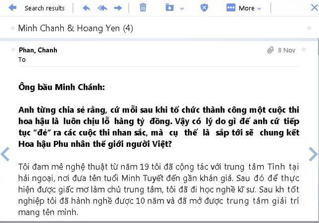 Lá thư kèm bài viết bôi nhọ Hoàng Yến do chính Minh Chánh gửi cho phóng viên.