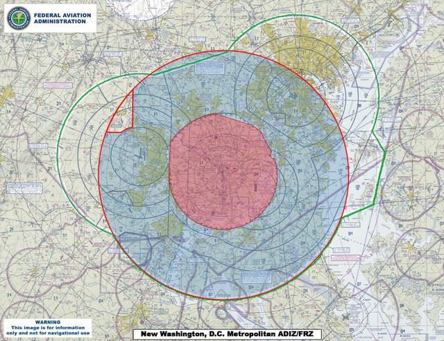 Vùng hạn chế bay bên trên Washington, vòng tròn màu đỏ.