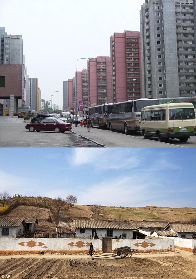  	Ảnh trên: Toà chung cư cao tầng xây san sát tại thủ đô Bình Nhưỡng.   	Ảnh dưới: Một ngôi nhà xây bằng gạch đã khá cũ kĩ và xuống cấp tại nông thôn Triều Tiên.