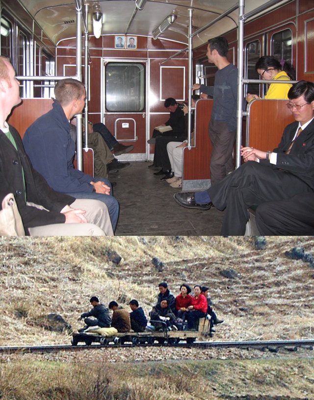  	Ảnh trên: Người dân Bình Nhưỡng và những du khách nước ngoài trong một toa tàu điện ngầm hiện đại tại thủ đô.  	Ảnh dưới: Người dân Bắc Hamgyong tận dụng hệ thống đường ray tàu hoả để đi lại.