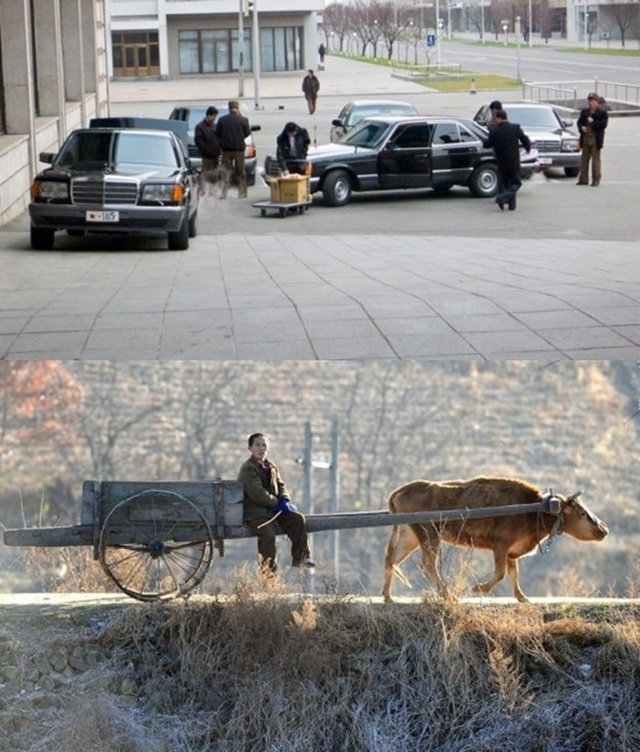  	Ảnh trên: Người dân Bình Nhưỡng dỡ đồ đạc từ một chiếc ô tô 4 chỗ.  	Ảnh dưới: Chiếc xe bò kéo là phương tiện đi lại và thồ nông cụ, nông phẩm, khá phố biển của người dân ở tại một tình gần biên giới Trung Quốc.