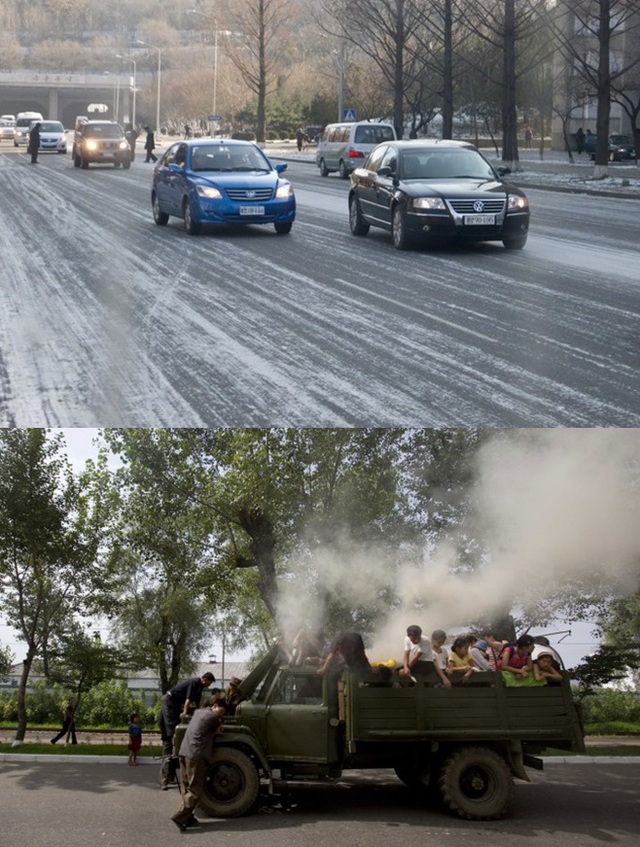  	Ảnh trên: Xe ô tô hiện đại đi lại trên đường phố Bình Nhưỡng.  	Ảnh dưới: Một chiếc ô tô chạy bằng củi thô sơ bị hỏng giữa đường.