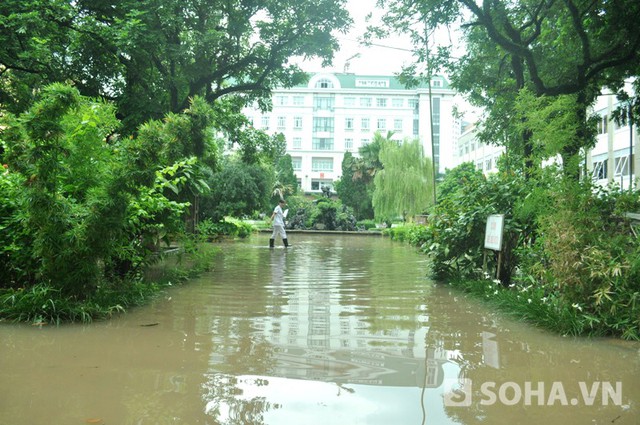 Cho đến chiều 9/8, nhiều diện tích của Bệnh viện E vẫn bị ngập nước