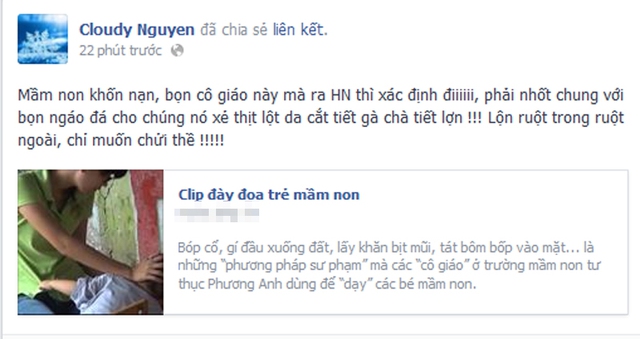  	Thanh Vân Hugo: “Mầm non khốn nạn, bọn cô giáo này mà ra Hà Nội thì xác định đi, phải nhốt chung với bọn ngáo đá cho chúng nó xẻ thịt lột da cắt tiết gà chà tiết lợn. Lộn ruột trong ruột ngoài, chỉ muốn chửi thề.