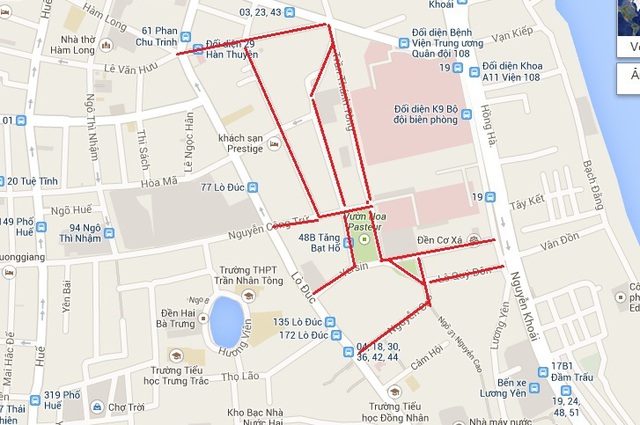 Các tuyến phố (tô đỏ) quanh Nhà tang lễ Bộ Quốc phòng (số 5 Trần Thánh Tông) sẽ bị cấm toàn bộ phương tiện trong ngày 12-13/10 để phục vụ Quốc tang.