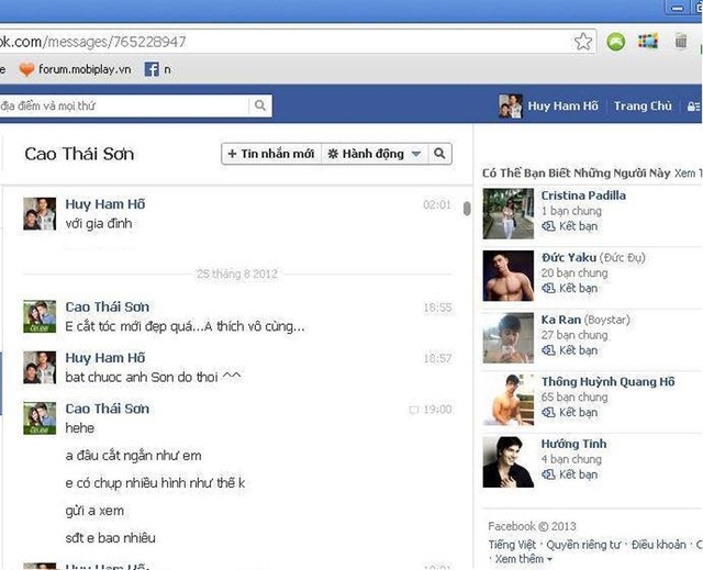 
	Một trong rất nhiều tin nhắn facebook được cho là của Cao Thái Sơn và chàng trai có tên Huy Ham Hố
