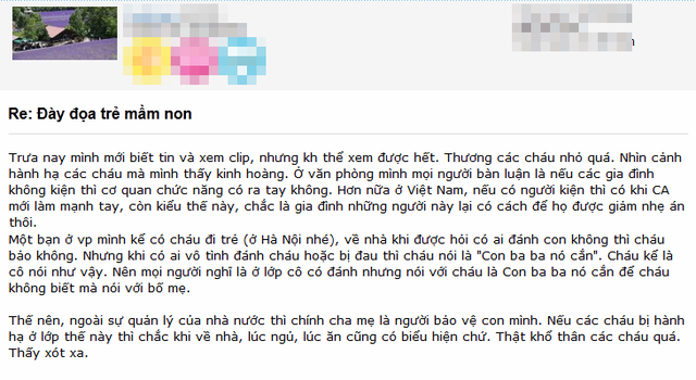 
	Chia sẻ của một thành viên trên Web trẻ thơ về việc cô giáo mầm non đánh trẻ xong dạy trẻ gọi tên hành động bạo lực bằng một khái niệm khác.