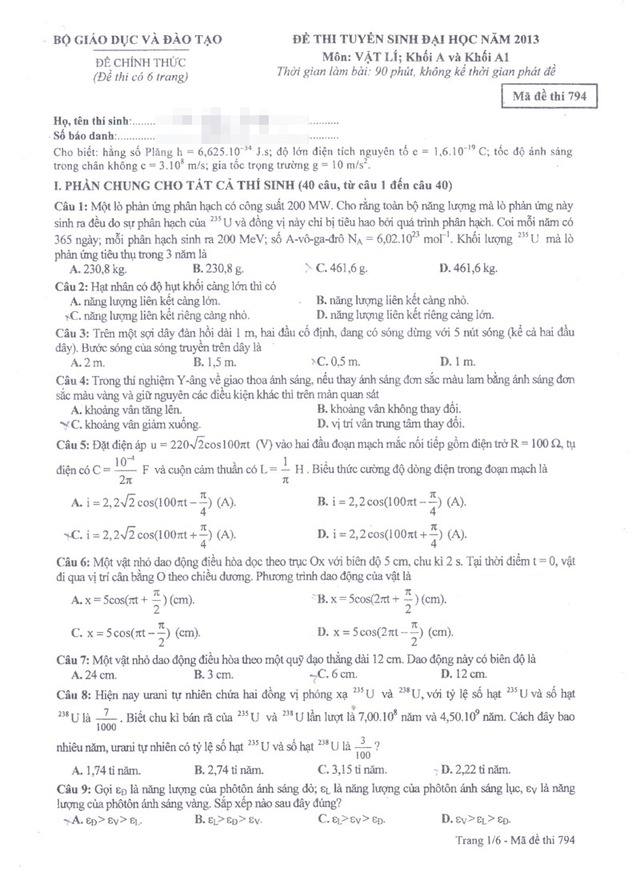 Đề thi ĐH môn Vật lý 2013. Mã đề 794 (phần 1).