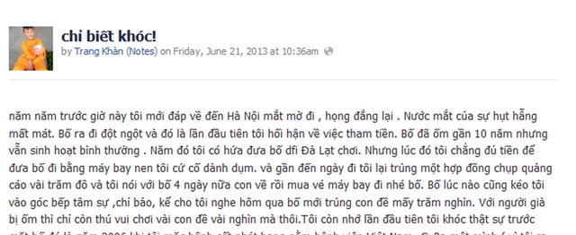 	Những dòng xúc động Trang Trần viết về bố trên facebook.