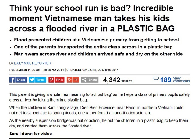 Bài viết về đoạn clip cô giáo chui vào túi nilon qua suối được đăng tải trên tờ Daily Mail ngày hômqua