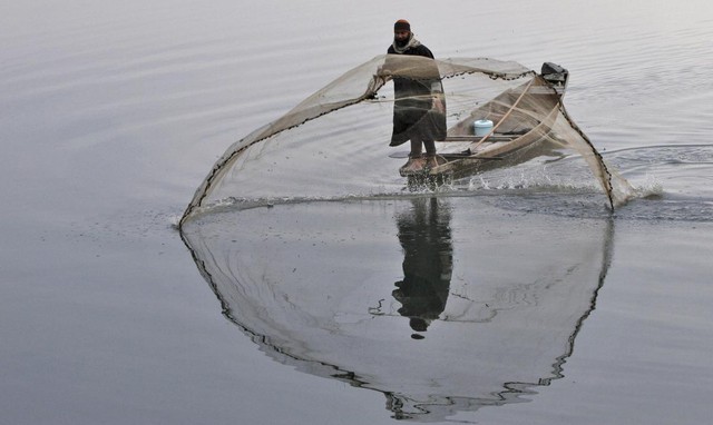 Một ngư dân quăng chài đánh cá trời lạnh trên hồ Dal ở Srinagar, Ấn Độ.