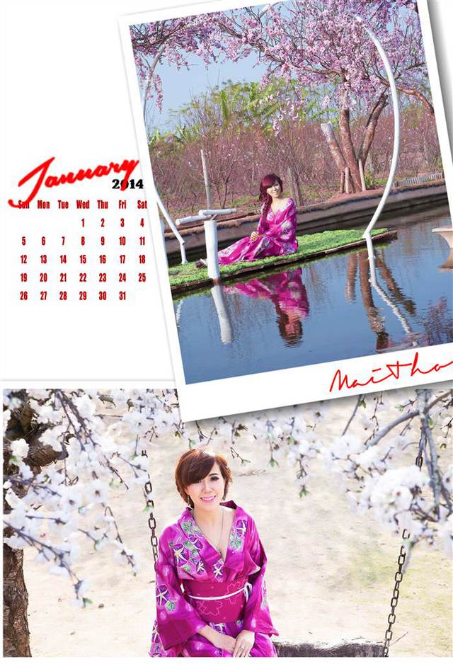  	Tháng 1, Mai Thỏ hóa thân thành thiếu nữ Nhật e ấp bên hoa đào.