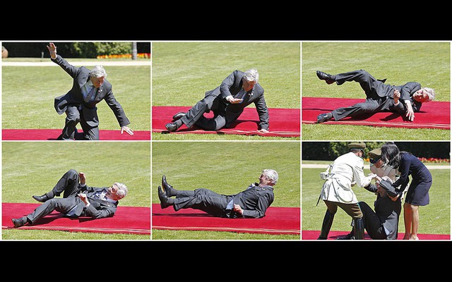 Cựu Thủ tướng Hà Lan Ruud Lubbers bị ngã khi đi trên thảm đỏ tới tham dự bữa trưa tại phủ Tổng thống Cerro Castillo ở Vina del Mar.