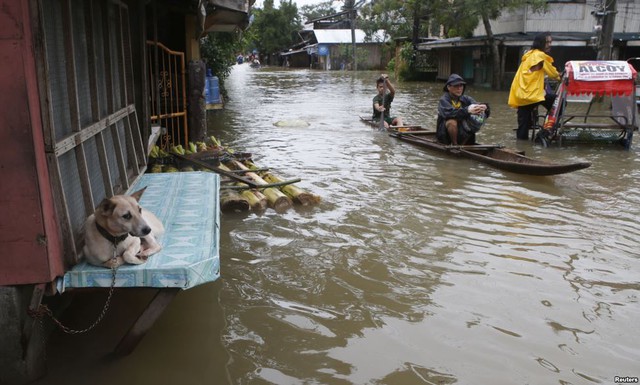 Người dân vất vả di chuyển trên đường ngập lụt ở thành phố Butuan, Philippines.