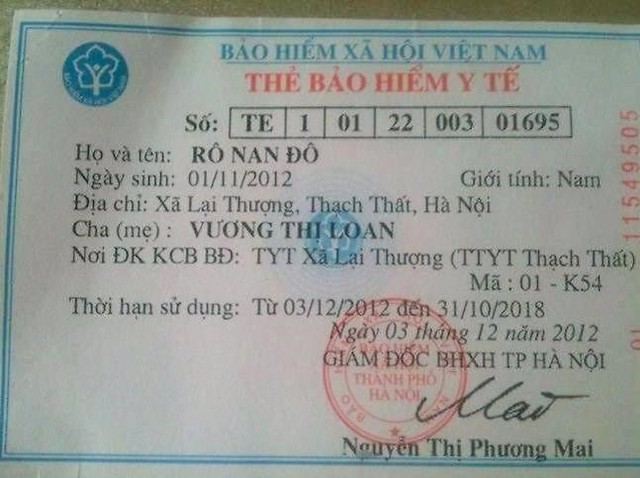 Tên của chủ thẻ bảo hiểm y tế là Rô Nan Đô?