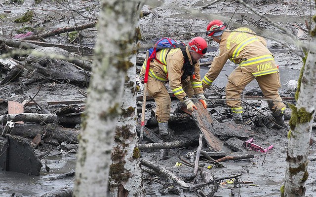 Các nhân viên cứu hộ đang thu dọn hiện trường vụ lở đất tại Arlington, Washington, Mỹ.