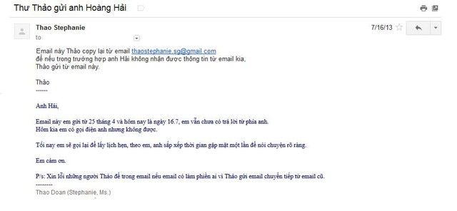 
	&quot;Ngày 25/4/2013 tôi gửi email liệt kê các chi phí cần làm rõ ràng, Hải lảng tránh, không trả lời.Ngày 16/7/2013 tôi copy lại nội dung email cũ, gửi thêm sang email khác để đảm bảo Hải vẫn nhận được, đến email này anh mới trả lời và hẹn gặp vào cuối tháng 8 nhưng đến 04/09 hai bên mới gặp gỡ&quot;, dòng chú thích cho sự &apos;lẩn tránh&apos; của Hoàng Hải trước những mail giục nợ của Stephanie Thảo.