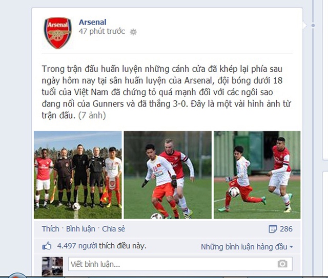 Arsenal đã khôn khéo đưa một status bằng tiếng Việt