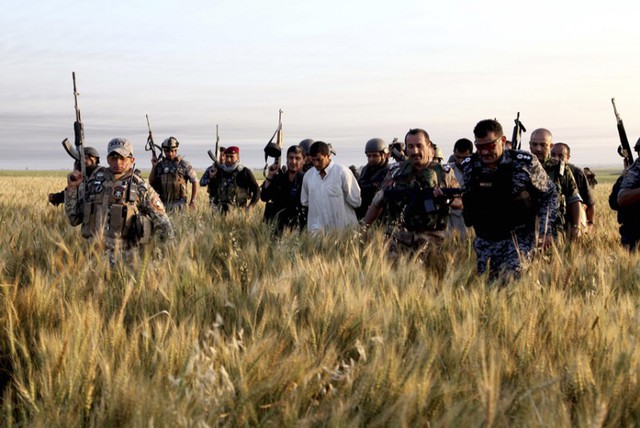 Lực lượng an ninh Iraq đi qua cánh đồng lúa mì sau khi băt được các phần tử khủng bố Al-Qaeda.