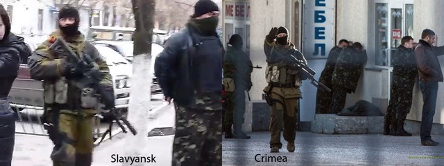 Trong bức ảnh này ta có thể thấy bên phải là người lịch sự ở Crimea, bên phải là dân quân tại Slavyansk, 2 người này mang trang bị gần như nhau.