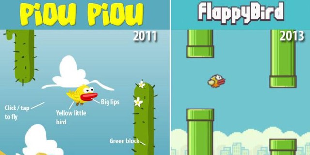 Hình ảnh so sánh Piou Piou (trái) và Flappy Bird (phải) được một số trang tin Pháp đăng tải. Cả hai đều có nhân vật chính là chú chim nhỏ màu vàng với đôi môi to bự, người chơi phải clip/gõ màn hình để điều khiển chim bay vượt các chướng ngại vật màu xanh (ở Piou Piou là cây xương rồng, ở Flappy Bird là ống khói)