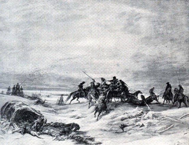 Tranh vẽ mô tả cảnh kỵ binh Cossack tàn sát quân Pháp đang rút chạy khỏi Moscow