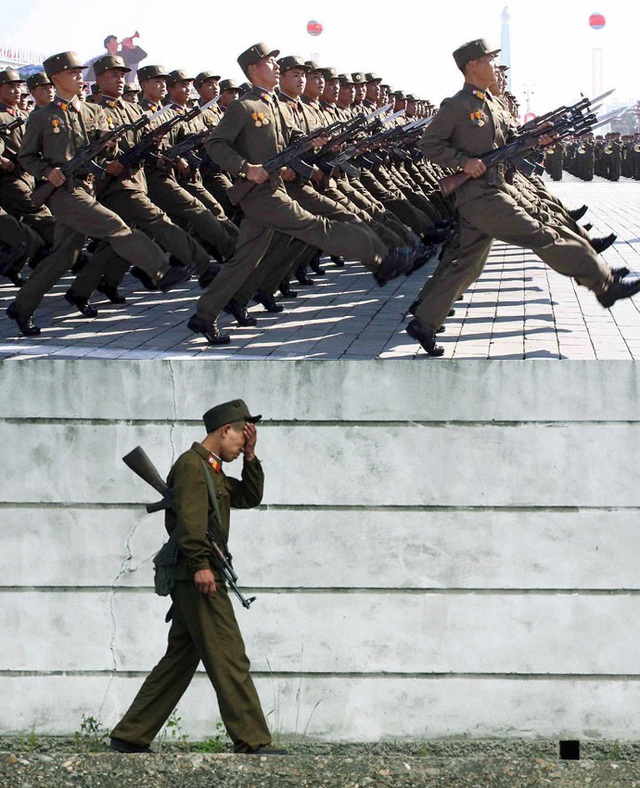  	Ảnh trên: Lính Triều Tiên tham gia duyệt binh kỉ niệm 60 năm Hiệp định Đình chiến, chấm dứt chiến tranh liên Triều.  	Ảnh dưới: Một người lính di lại trong khi làm nhiệm vụ canh gác ở một tỉnh của Triều Tiên.