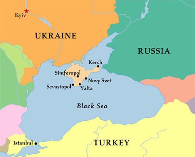 Bản đồ tương quan vị trí giữa Crimea với Ukraine và Nga.