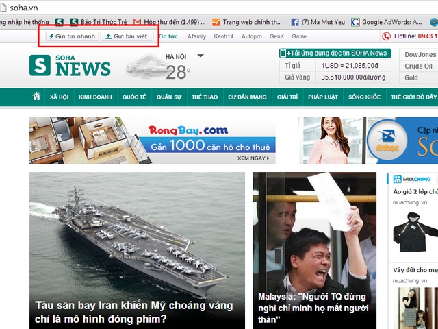 Trên cùng của trang web luôn có nút để bạn đọc gửi tin, bài thật nhanh.