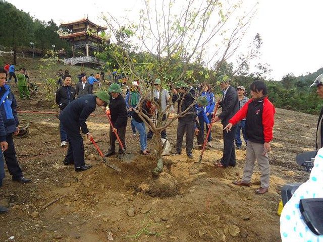 Chi đoàn Công an huyện Quảng Trạch đang trồng gốc mai của chi đoàn mình
